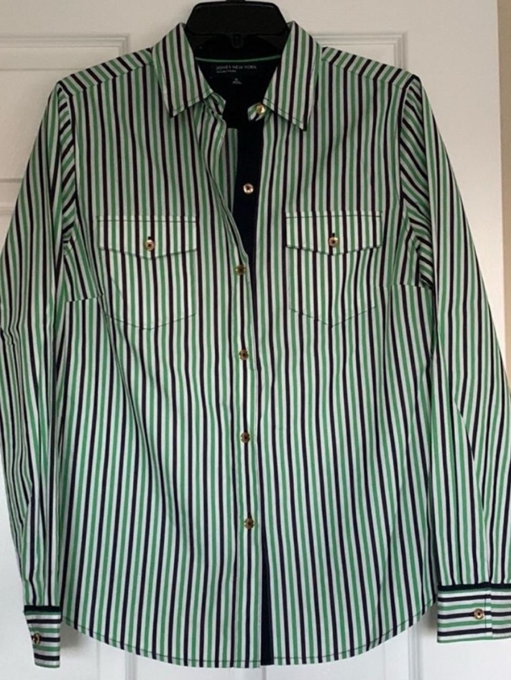 Classic Jones New York Green, Navy, White Striped Button-Down Shirt, Sz L! 🍁